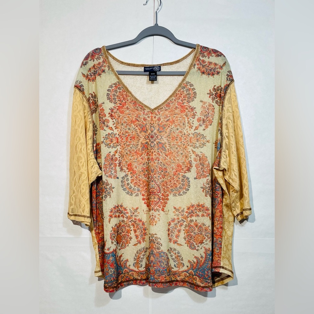 Vintage Y2K Venezia Jeans 26/28 Lace Sleeve Mesh Burnout Abstract Floral Top GUC